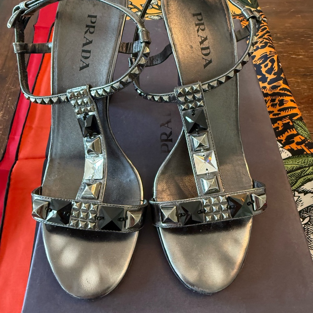 Prada Silver and Black Studded Sandals